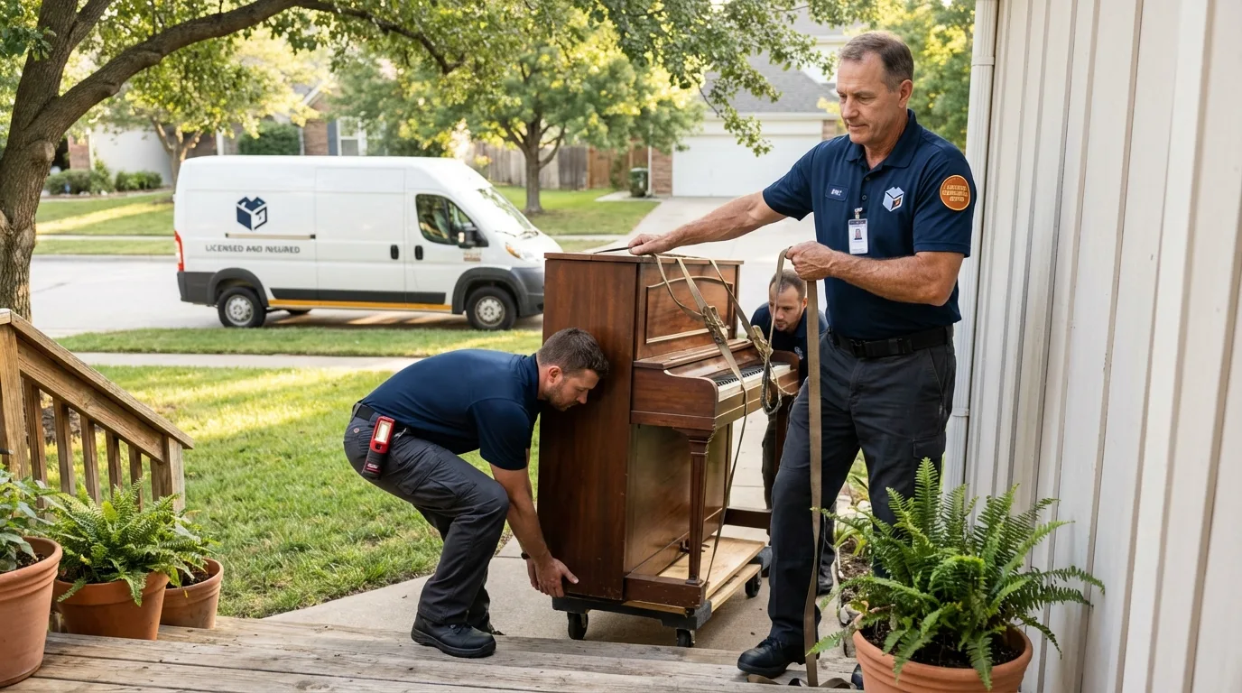 Licensed piano movers securing grand piano in Bristol, VT